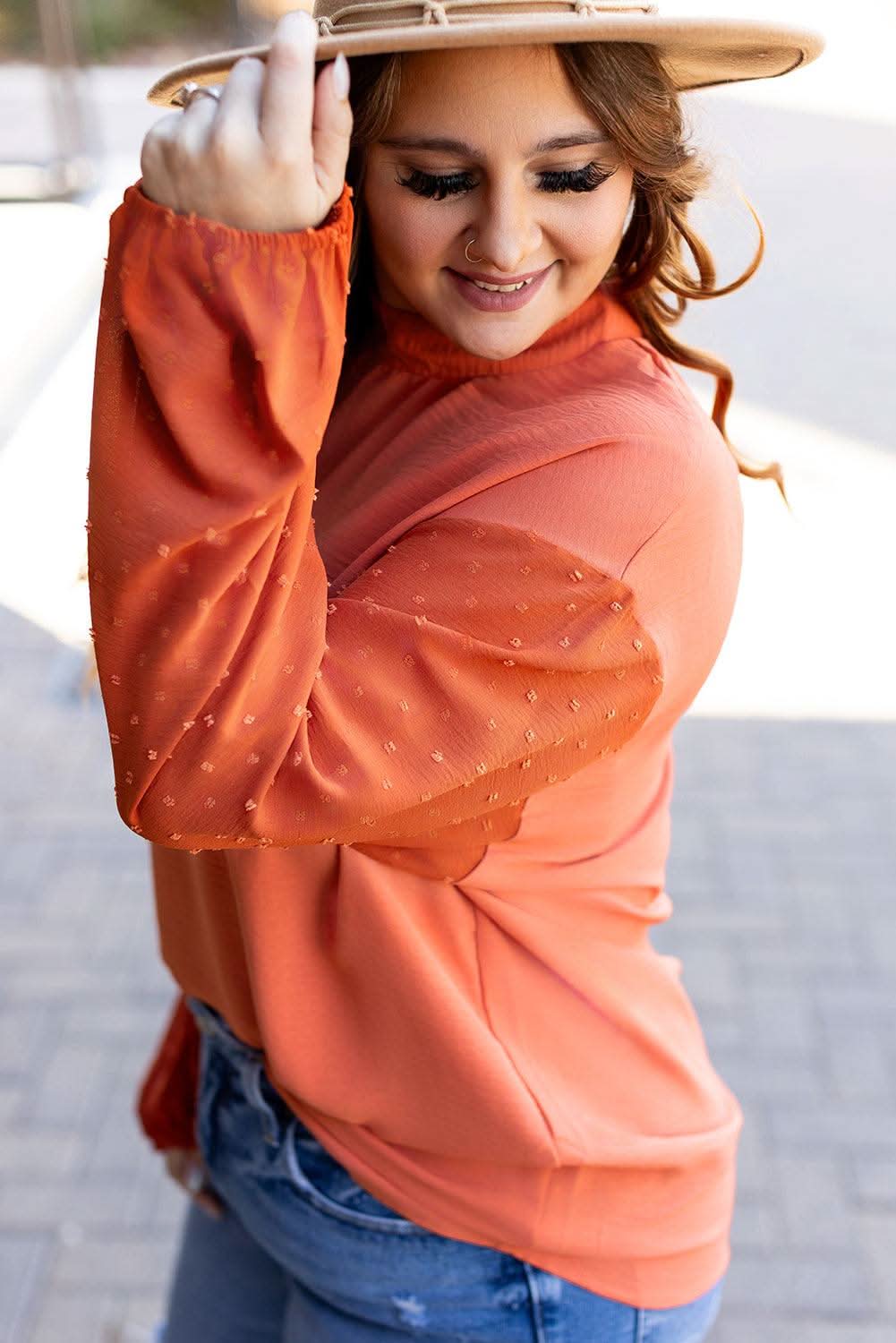 Russet Orange Swiss Dot Balloon Sleeve Loose Blouse - Love Salve